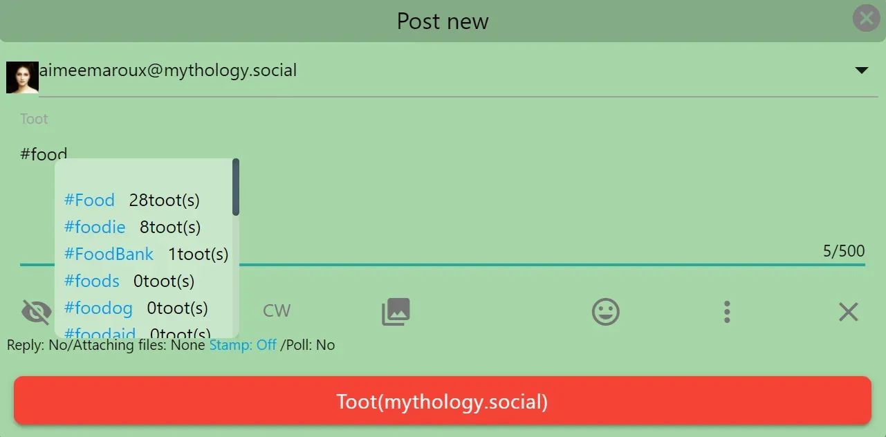 Screenshot of the toot composer in TheDesk with the #food written in the toot prompting a list of hashtags including the word food.