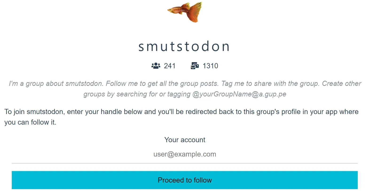 Screenshot of the smutstodon group website with the goldfish logo, the title smutstodon and the follower and post count. There is a form and a blue button to follow the group at the bottom.