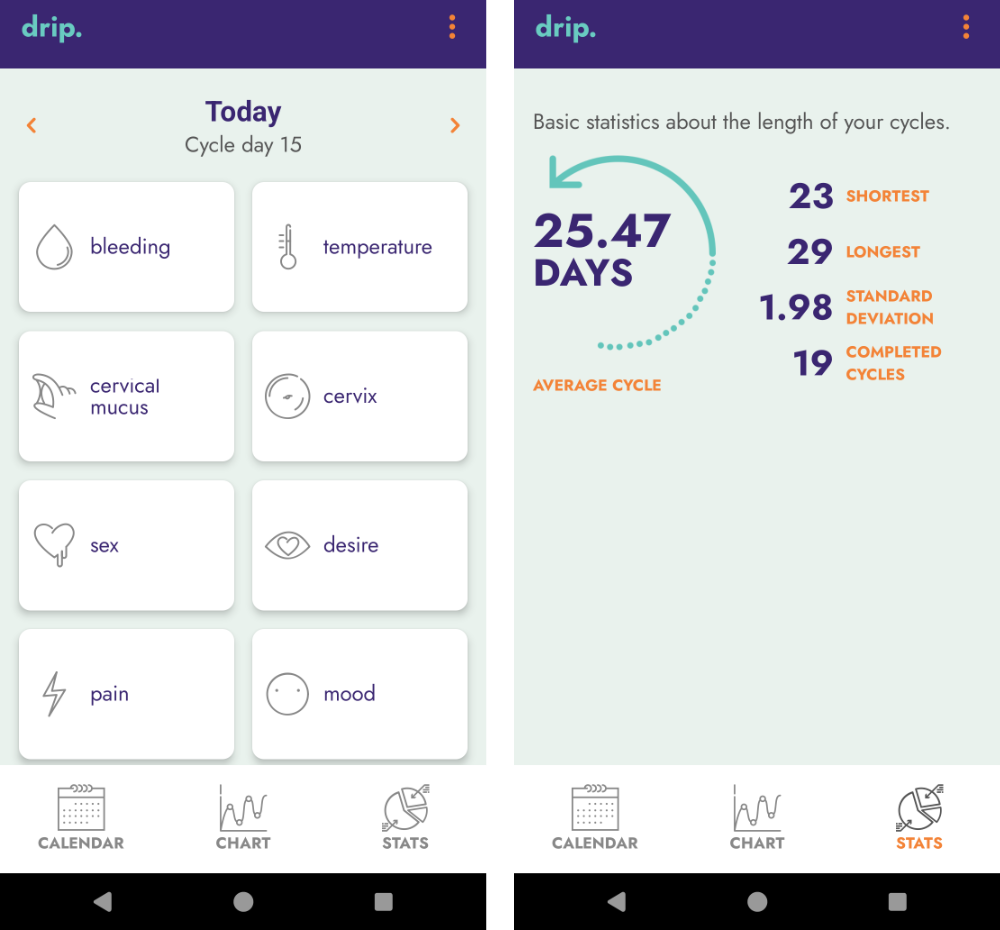 Two screenshots of the Drip app, on the left the entries for each day, on the right basic statistics.