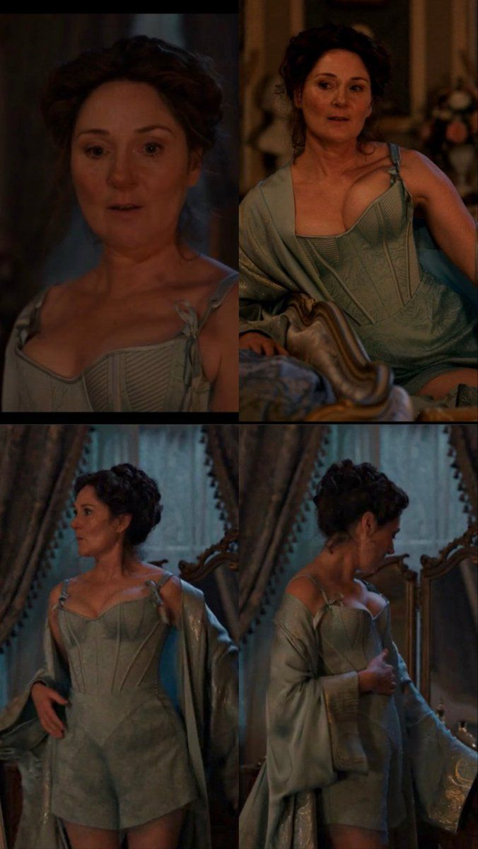 Lady Bridgerton wearing a corset with a gown and shorts above it.