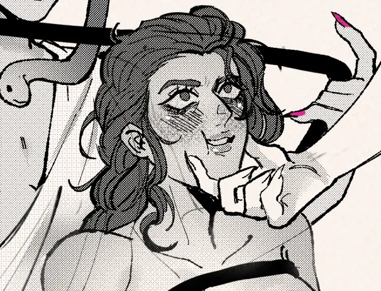 Klytaimnestra looking up defiantly, her cheeks squished by a hand with long fingernails. In the background, A whip is seen in