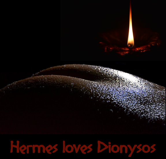 Cover image of Taken by Greek Gods - Hermes loves Dionysos, showing a naked bum and a burning candle in the background.