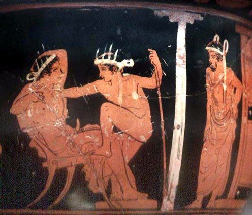 Ancient Greek red-figure vase painting of a young man sitting in chair with an erection and another young man