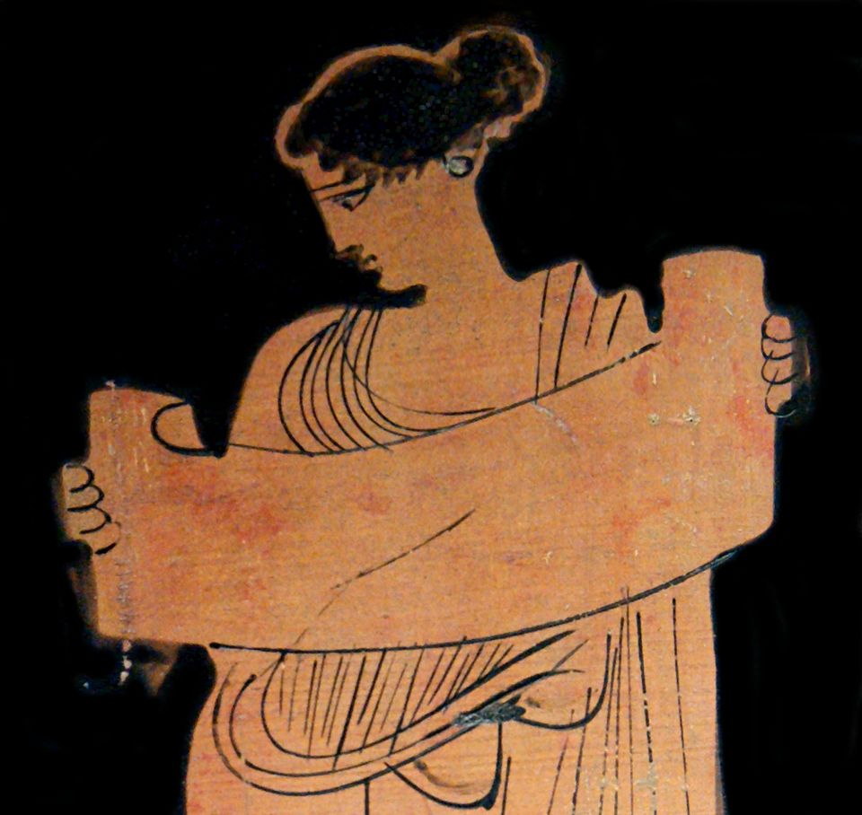 Red-figure vase painting of a Muse reading a scroll.