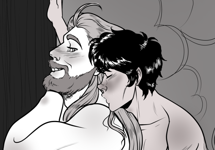 Drawing of Hermes kissing Freyr's neck from behind.