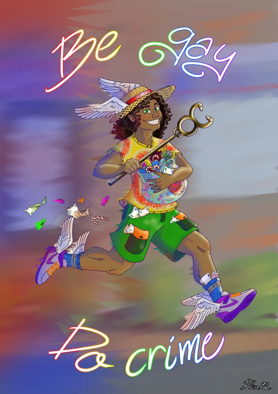 Hermes running with a bag full of sweets and Euro bills. He is dressed in rainbow colours.