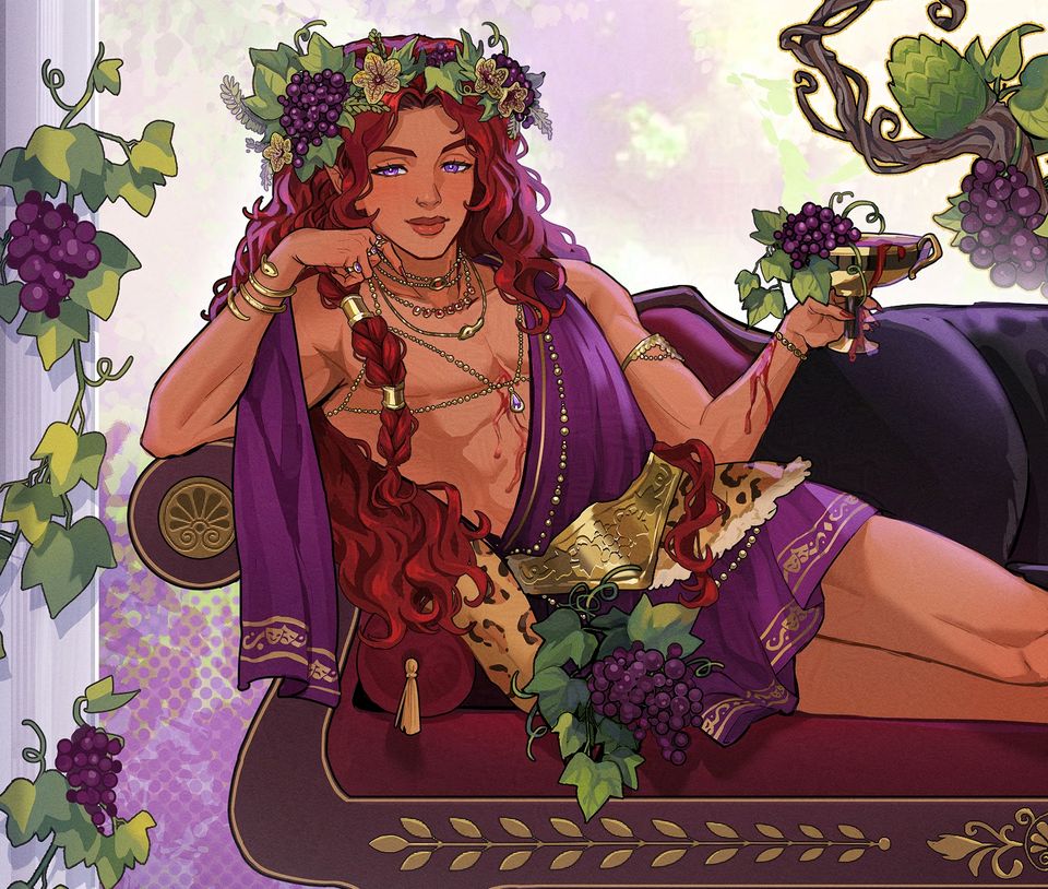 Dionysus reclining on his couch, a cup of wine in hand.